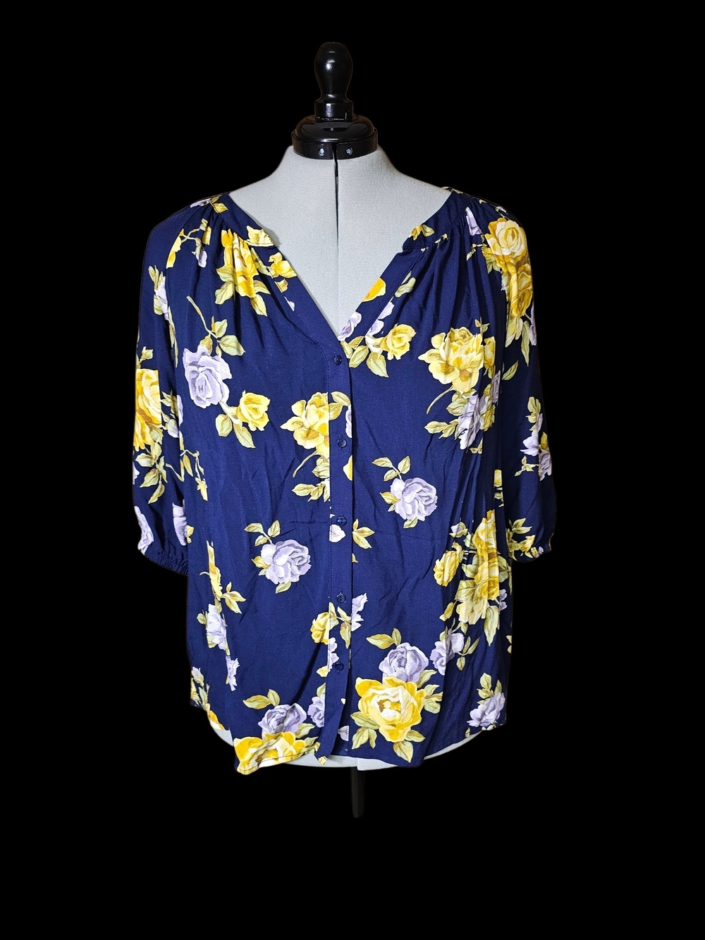 CmNavy Floral Button-Front Blouse with Yellow & Lavender Roses